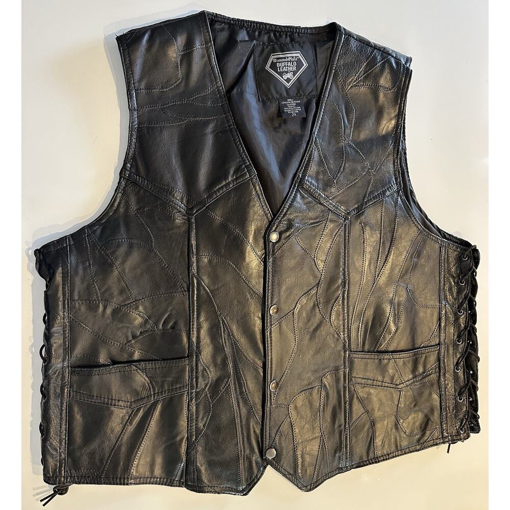 Diamond Plate Men's 2XL Buffalo Leather Black Motorcycle Vest Patch Flag Eagle